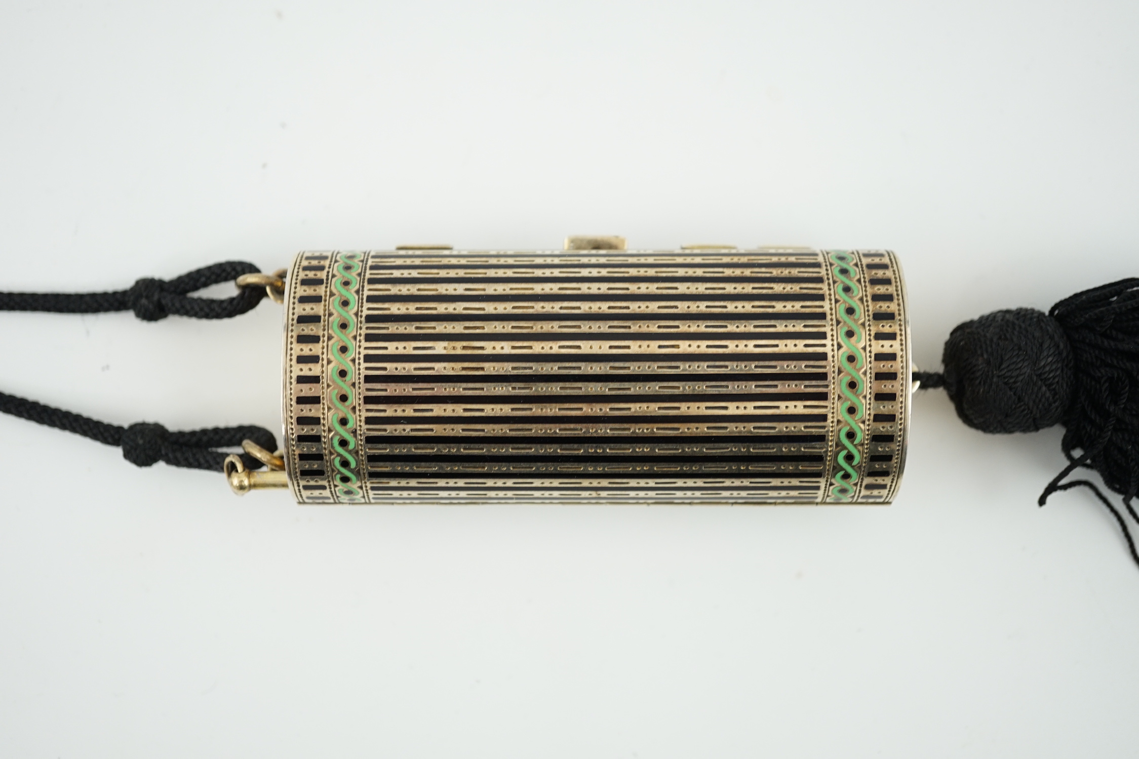 A lady's 1920's silver gilt and two colour enamel combination compact/aide memoir, import marks for Cohen & Charles